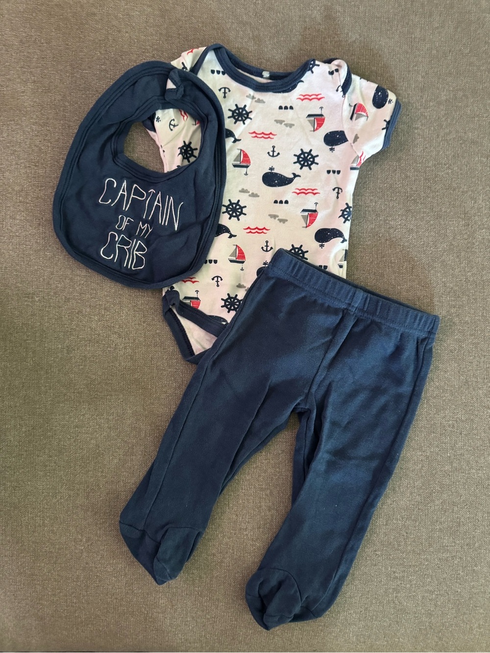 Chick Pea Blue Nautical Whale Anchor 3 Piece Set Bodysuit Pants Bib 6-9 Months